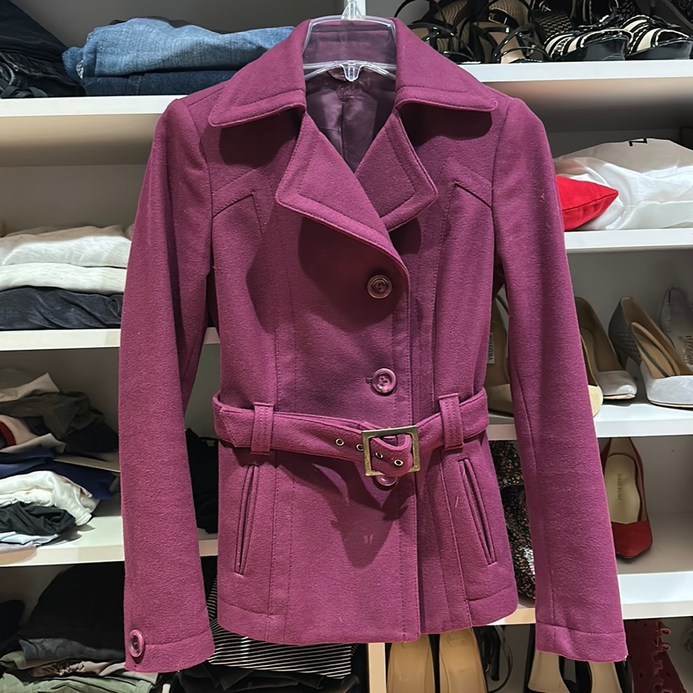 EUC United Colors of Benetton Plum Wool Belted Peacoat sz 40 2US xs